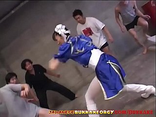 Chun-Li Cosplay Japanese Babe groped in huge bukkake gangbang